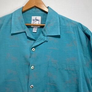 Guy Harvey AFTCO Bluewater Mens Large Teal Blue Tonal Tropical Marlin Camp Shirt